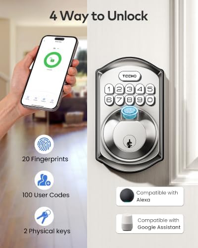 TEEHO TE012W WiFi Fingerprint Smart Door Lock for Front Door, Satin Nickle