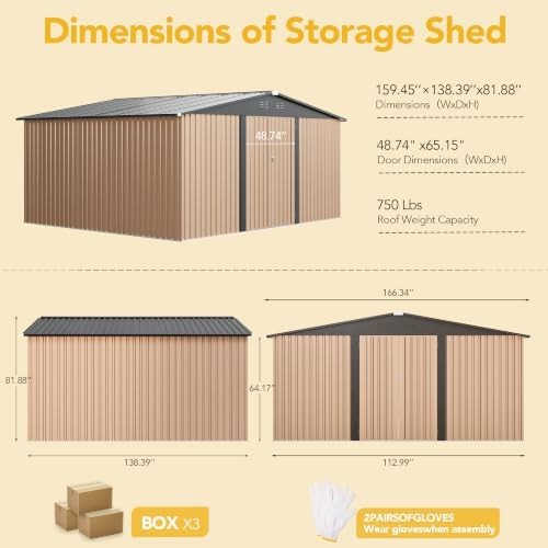14x12FT Outdoor Storage Shed, Tool Shed with Sloping Roof and Lockable Door, Galvanized Metal Shed for Backyard Garden Patio Lawn, Brown