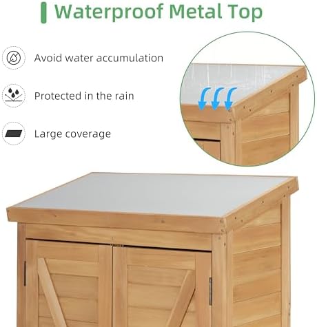 68'' Outdoor Storage Cabinet, Wooden Garden Tool Cabinet with Metal Top