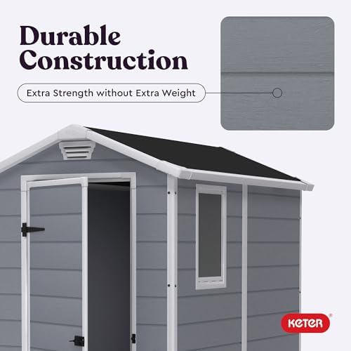 Keter Manor 4x6 Resin Outdoor Storage Shed Kit-Perfect to Store Patio Furniture, Garden Tools Bike Accessories, Beach Chairs and Lawn Mower, Grey & White