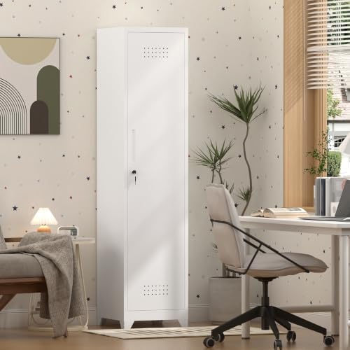 Slim Broom Storage Cabinets, Metal Cabinet with Shelves and Hanging Rod, 15.75" W Utility Storage Cabinet with Locking Door, Slim Cabinet for Small Spaces, Kitchen, Pantry, Office, Shop