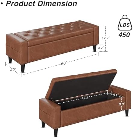 60" Storage Ottoman Bench, Faux Leather Upholstered Bed Bench, Brown