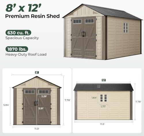 Resin Shed 8x12 FT Outdoor Storage Shed with Floor Included