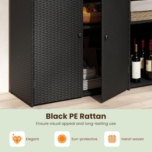 Tangkula Rattan Outdoor Storage Cabinet with 2 Adjustable Shelves
