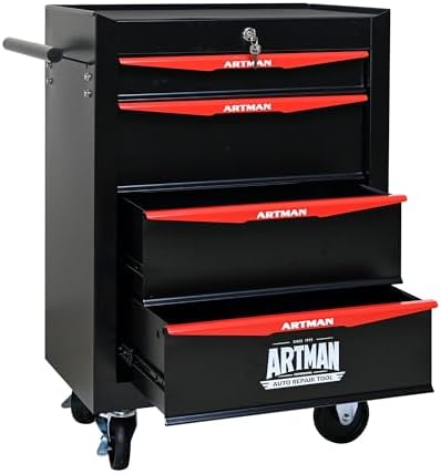 Heavy Duty 4-Drawer Rolling Tool Chest, Key Lock Tool Storage Cabinet with Lockable Casters & Drawer Liners, Mobile Tool Organizer Cart for Garage Workshop Warehouse Repair Shop (Black)