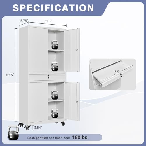 73" Metal Garage Storage Cabinet with Wheels， Rolling Tool Storage with Locking Doors， Adjustable Shelves and Drawer, Heavy Duty Steel Tool Cabinet for Garage, Warehouse, School(White)