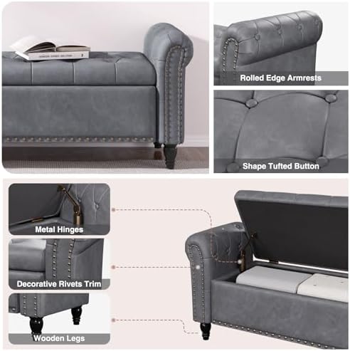 FiveWillowise 65" Bedroom Bench, End of Bed Bench with Storage, Gray