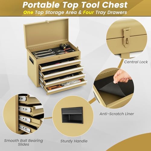 DREAMADE 5-Drawer Tool Chest Combo, Rolling Tool Cabinet w/Detachable Top Tool Box, Adjustable Shelves, Lockable Wheels, Metal Tool Box for Garage, Workshop, Repair Shop Storage (Yellow)