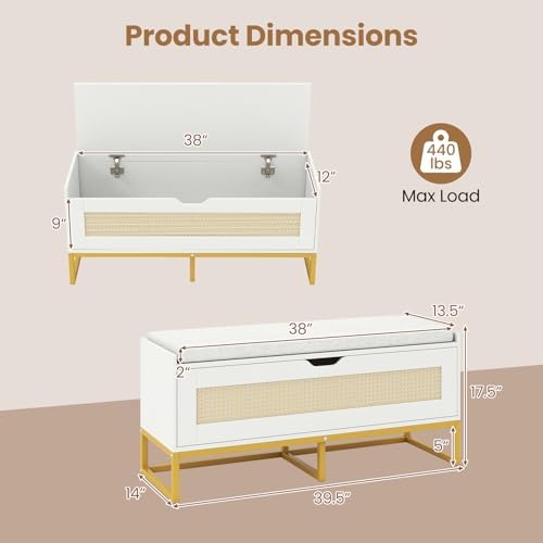 Giantex Rattan Shoe Bench, Flip-Top Entryway Bench with Removable Padded Seat & Hidden Storage, Wooden Shoe Storage Chest with Metal Legs for Bedroom, Hallway, 440 lbs Max Load (White & Gold)