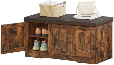 DINZI LVJ Shoe Storage Bench with Cushion, Door, Rustic Brown 39.4"LX17.7"H