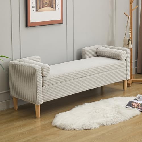 NIOIIKIT 65" Corduroy Upholstered Storage Ottoman Bench with 2 Pillows