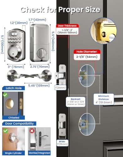 Veise KS01B Keypad Door Lock with 2 Lever Handles Set, Satin Nickel