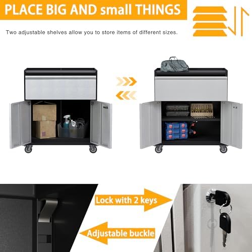 Metal Garage Tool Storage Cabinet with 1 Drawer, Large Space Industrial Metal Storage Cabinet with Wheels and Doors,Locking Small Utility Chest for Home, Office and Garage