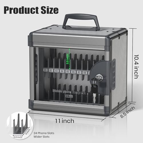 24 Slots Cell Phone Locker for Classroom with Key, Portable Mobile Phone Storage Box with Handle & Charging Hole, Phone Lock Box Wall Mounted for School (Black, 24 Slots)
