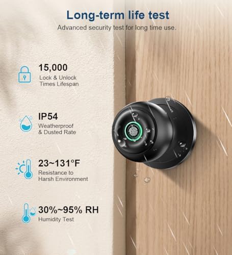 Fingerprint Door Lock, Smart Fingerprint Door Knob with Lock, Matte Black