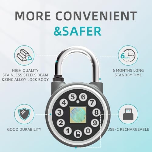 SFW Fingerprint Padlock,Bluetooth Pad Locks with Code, Water Resistant Smart Padlocks with Mobile App.Suitable for Gym, Sports Facilities, Bicycles, Schools, Luggage and Lockers