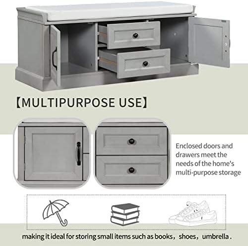 Knocbel 42.5" Storage Bench with Removable Cushion, 2 Drawers and 2 Cabinets, Entryway Hallway Foyer Shoe Bench Bedroom End of Bed Bench (Gray Wash)
