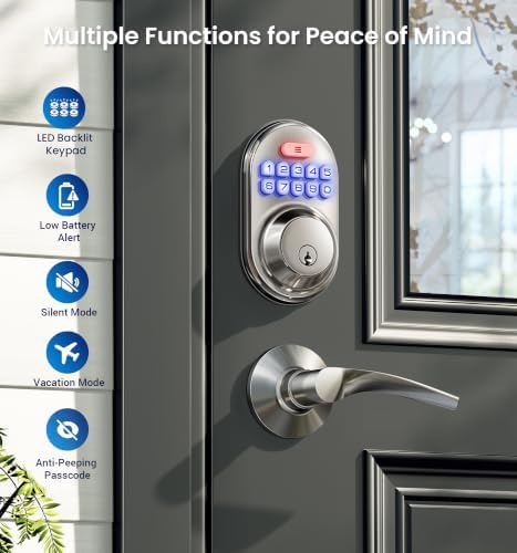 Veise RZ-C Keyless Entry Door Lock with 2 Lever Handles, Satin Nickel