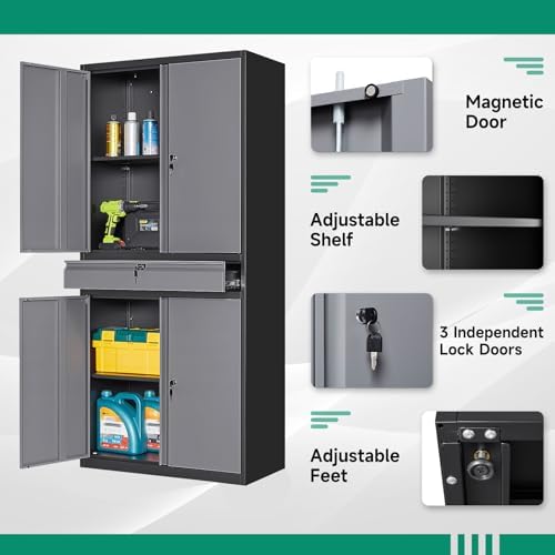 Letaya Metal Garage Storage Cabinet with Drawer,4 Door Tool Cabinet with Lock-2 Adjustable Shelves for Garage Home Office Utility Room (Black & Gray)