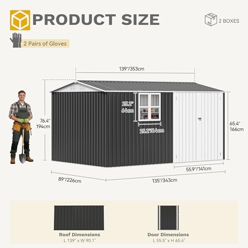 DWVO 12x8 FT Outdoor Storage Shed, Metal w/Lock & Window - Gray/White