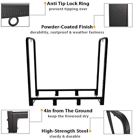 4ft Outdoor Firewood Rack, Upgraded Adjustable Heavy Duty Logs Stand Stacker Holder for Fireplace - Metal Lumber Storage Carrier Organizer, Bright Black