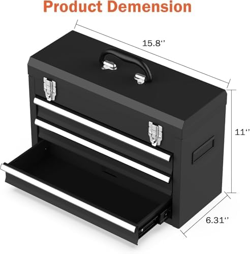 3 Drawer Metal Tool Box, Heavy Duty Steel Tool Chest with Ball Bearing Drawers, Portable Metal Toolbox with EVC Liners and Latches Closure, Powder Coated Tool Storage for Garage, Workbench & Home