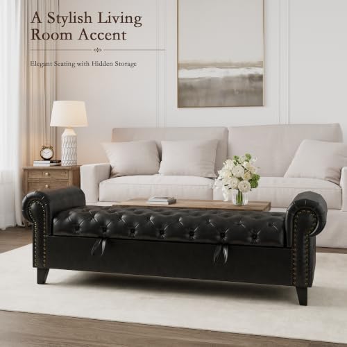 67 Inch Faux Leather Storage Bench with Rolled Arms, Chesterfield Tufted Ottoman Bench with Nailhead Trim, Upholstered End of Bed Bench for Bedroom, Entryway and Living Room, Black