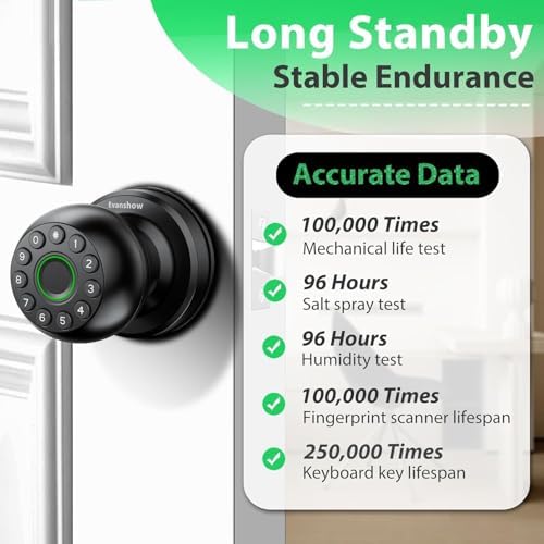 Smart Door Knob Fingerprint Lock 4-in-1 Keyless Entry (Fingerprint/App/Code/Key) Biometric Door with Auto-Lock Easy Install for Home/Bedroom/Office-Black