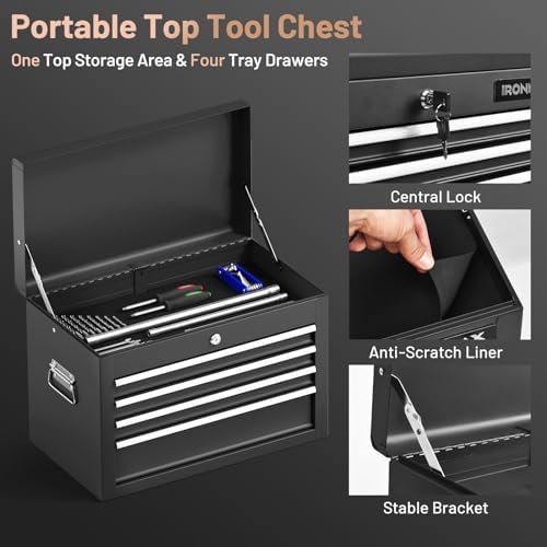 ERGOMASTER Rolling Tool Chest - Removable Top Box Large Bottom Cabinet with Casters and Lock System Tool-Box - Heighten 6-Drawer Black