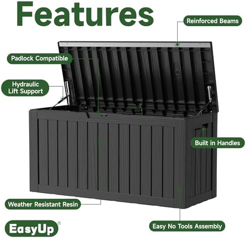 EasyUp 90 Gallon Outdoor Storage Box Waterproof, UV Resistant Resin Deck Box with Hydraulic Rod, Reinforced Stability for Patio, Garden, Striped Black