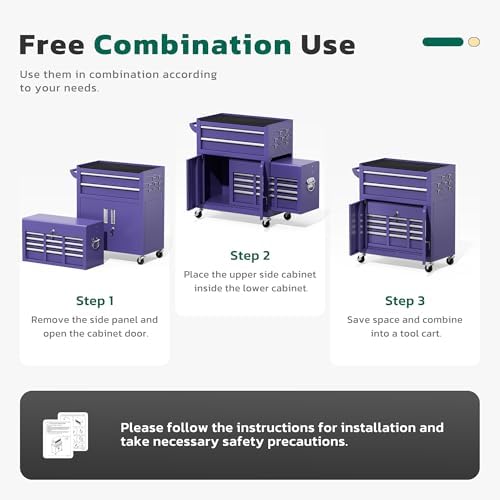 Greenvelly 8-Drawer Tool Chest with Wheels, Pre-Assembled Rolling Tool Chest, Detachable Top Tool Box, Lockable Design, Comes with Drawer Liners & Side Hooks for Garage Workshop Repair Room (Purple)