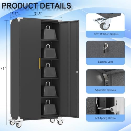 pozdeg 71" Black Tall Lockable Rolling Metal Garage Storage Cabinet ﻿