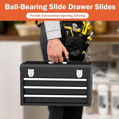 3 Drawer Metal Tool Box, Heavy Duty Steel Tool Chest with Ball Bearing Drawers, Portable Metal Toolbox with EVC Liners and Latches Closure, Powder Coated Tool Storage for Garage, Workbench & Home
