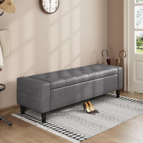 60" Storage Ottoman Bench, Faux Leather Upholstered Bed Bench, Grey