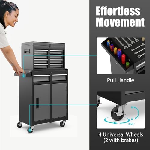 DREAMADE 5-Drawer Tool Chest Combo, Rolling Tool Cabinet w/Detachable Top Tool Box, Adjustable Shelves, Lockable Wheels, Metal Tool Box for Garage, Workshop, Repair Shop Storage (Grey)