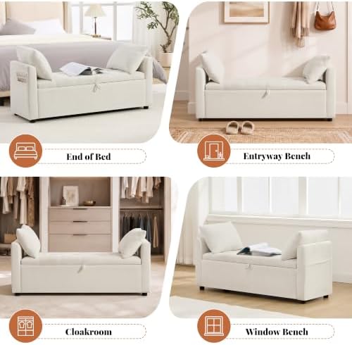 51" End of Bed Storage Bench, Upholstered Chenille Storage Ottoman for Bedroom, Living Room, Entryway, with Arms and 2 Pillows(White)