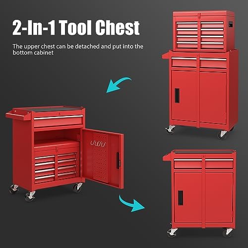 Goplus Tool Chest, 5 Drawers Rolling Tool Cabinet with Detachable Top Toolbox, Universal Lockable Wheels, Lock Bar, Protective Liner & Tool Rack, Metal Tool Storage Cart, Tool Box for Garage Workshop