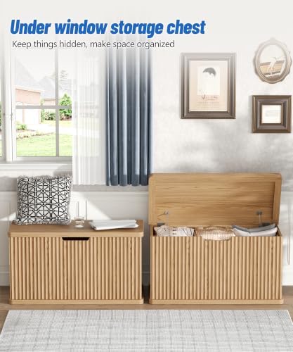 Akxomel 29.5" Fluted Storage Chest Wooden Storage Trunk 2 Safety Hinges Oak