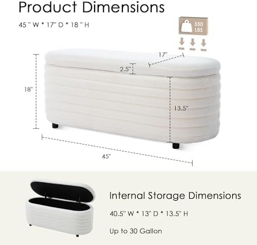 45.5" Modern Storage Ottoman Bench, White Sherpa