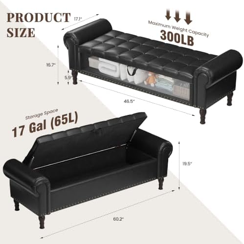 YOUDENOVA 60” Ottoman with Storage, Upholstered Storage Ottoman Bench with Rolled Arms, PU Leather Storage Bench for Bedroom, Living Room, Entryway, Black