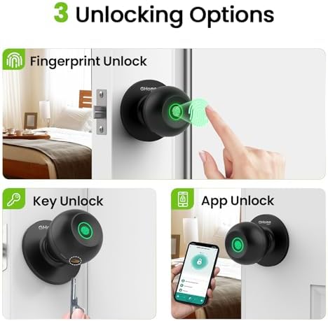 GHome Smart Fingerprint Door Lock, 3 in 1 Smart Fingerprint Door Knob with App Control & Key, Auto Lock, Biometric Thumbprint Door Locks for Bedroom, Garage, Home & Office