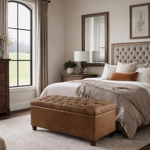 HomePop 40" Button Tufted Storage Bench - Distressed Brown Faux Leather