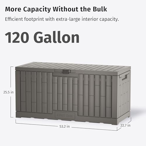 EAST OAK 120 Gallon Outdoor Storage Box | Large Resin Deck Box with Reinforced Stainless Steel Support | Waterproof & UV-Resistant Patio Storage Box for Cushions, Garden Tools & Accessories, Grey