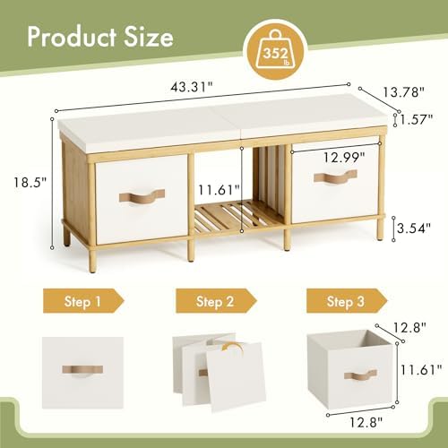 Shoe Bench, 43.3" Storage Bench, Entryway Bench with Cushion Seat