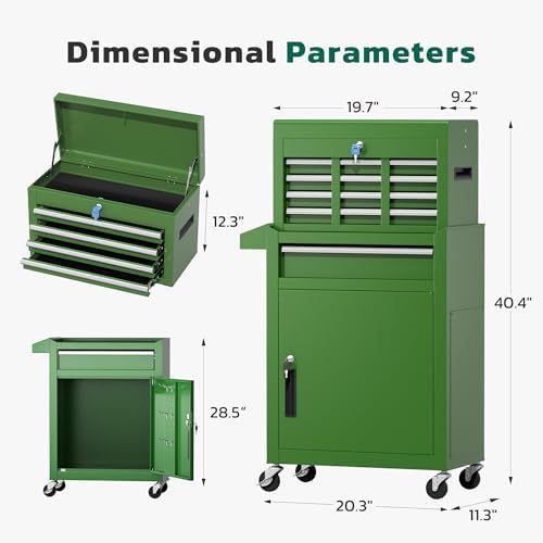 Greenvelly 5-Drawer Tool Chest with Wheels, Pre-Assembled Rolling Tool Chest, Detachable Top Tool Box, Lockable Design, Comes with Drawer Liners & Side Hooks for Garage Workshop Repair Room (Green)
