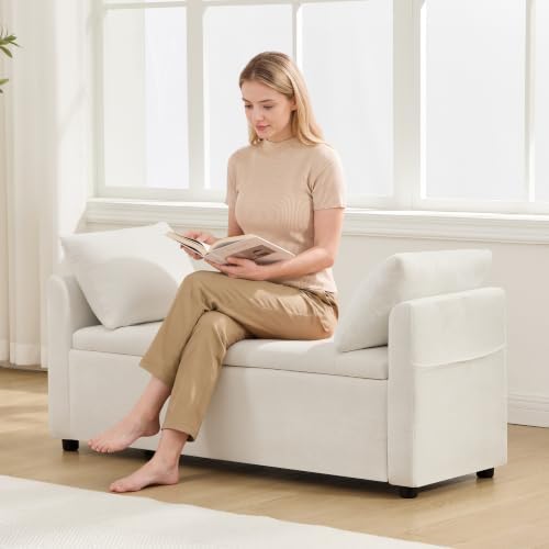 51" End of Bed Storage Bench, Upholstered Chenille Storage Ottoman for Bedroom, Living Room, Entryway, with Arms and 2 Pillows(White)
