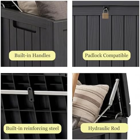 199 Gallon Large Resin Outdoor Storage Box, Waterproof Deck Box with Lockable Lid, Outside Storage Box for Patio Furniture, Pool Accessories, Garden Tools, Storage Bench for Backyard, Porch, Black