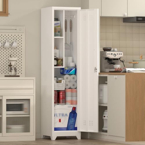 Slim Broom Storage Cabinets, Metal Cabinet with Shelves and Hanging Rod, 15.75" W Utility Storage Cabinet with Locking Door, Slim Cabinet for Small Spaces, Kitchen, Pantry, Office, Shop