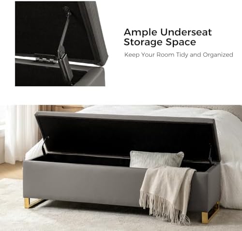 60" Leather Storage Bench with Throw Ottomans, Large Modern Flip Top End of Bed Benches King Size, Upholstered Footrest Stool with Gold Legs for Living, Bedroom, Entryway and Hallway, Grey