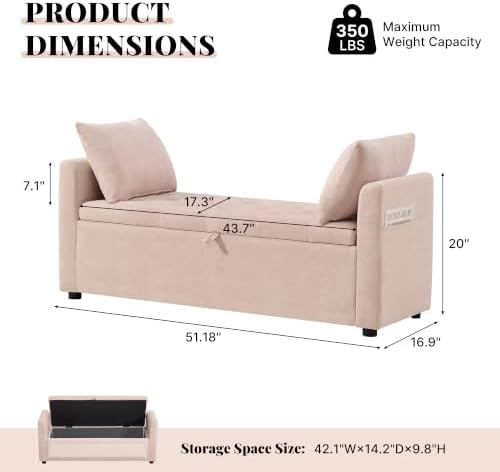 51" End of Bed Storage Bench, Upholstered Chenille Storage Ottoman for Bedroom, Living Room, Entryway, with Arms and 2 Pillows(Pink)